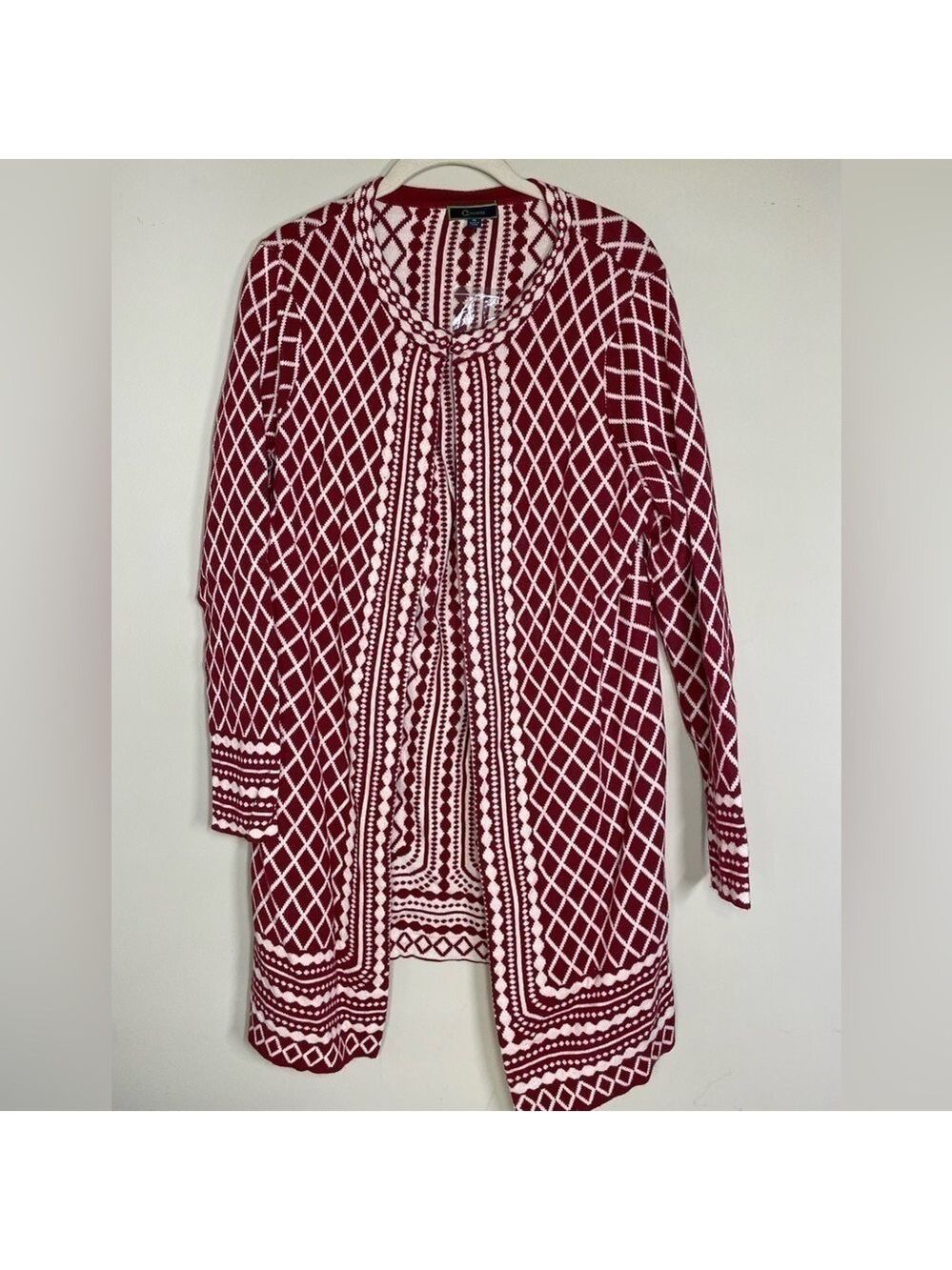 C Wonder Long Open Burgundy and White Cardigan M